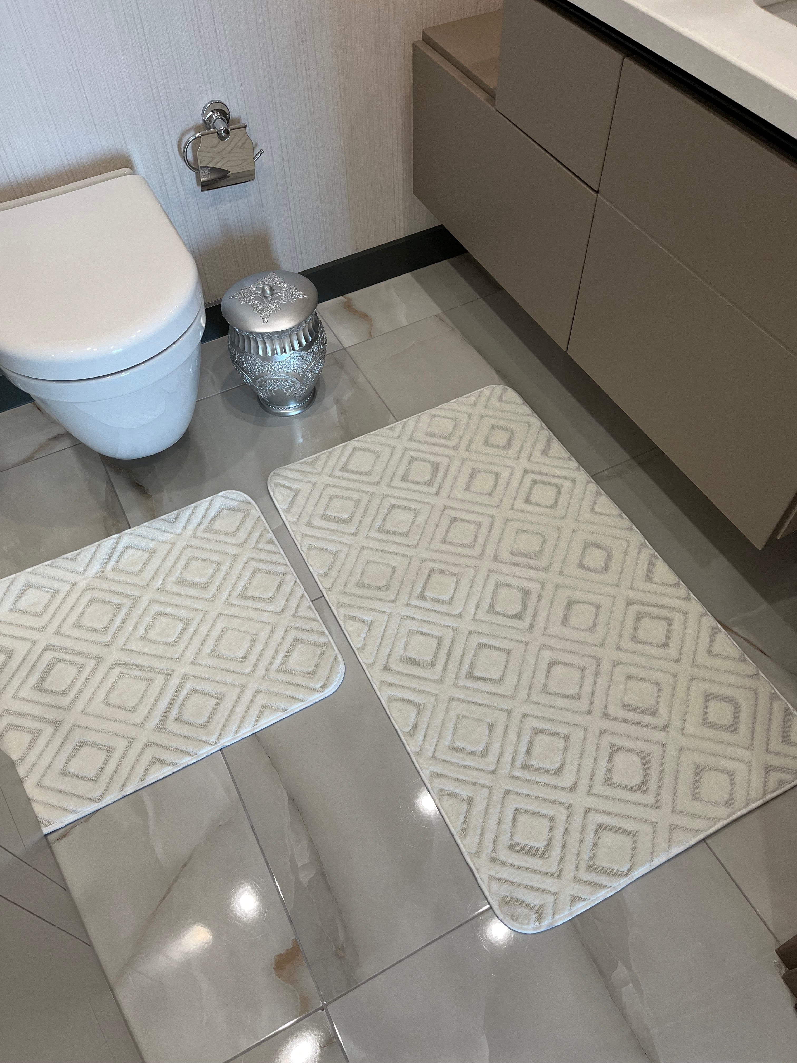 KREM - Yıkanabilir Kaymaz Taban 60x100 50x60 2'li Banyo Paspas ve Klozet Takımı