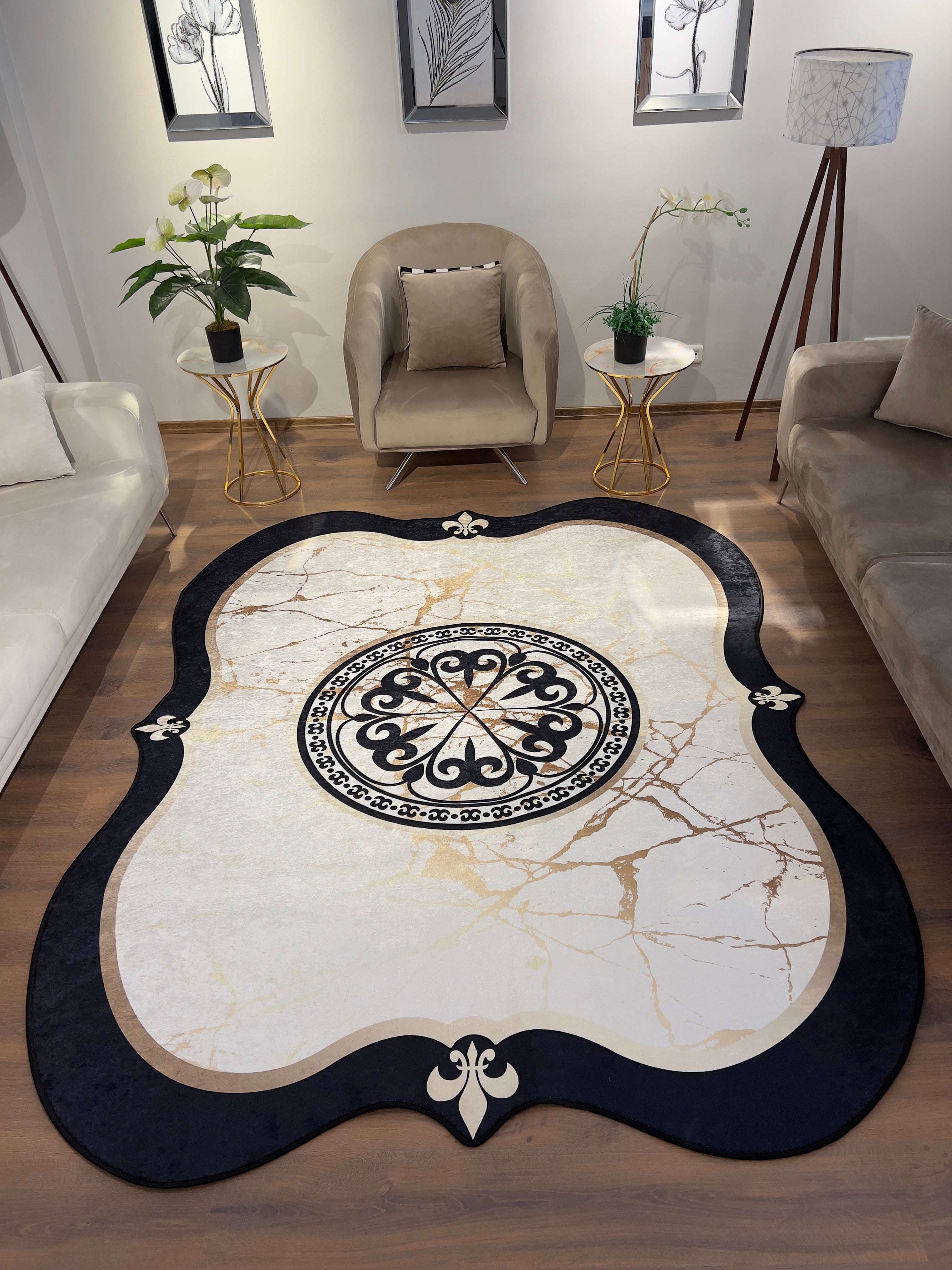 HANEDAN MERMER BRİLL SİYAH - Kaymaz Deri Taban Makinede Yıkanabilir Salon Oturma Odası Mutfak Halısı