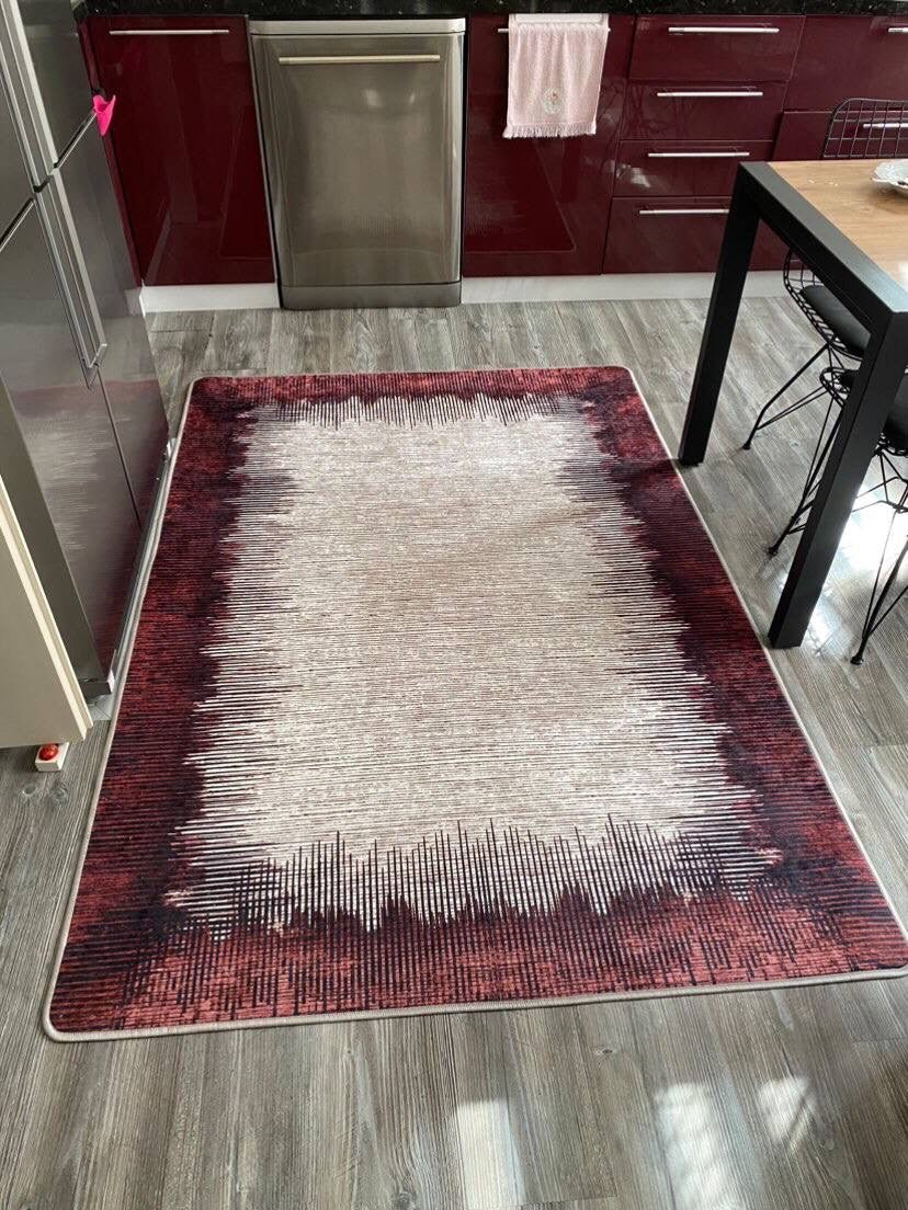 REMAR RED - Kaymaz Deri Taban Makinede Yıkanabilir Salon Oturma Odası Mutfak Halısı