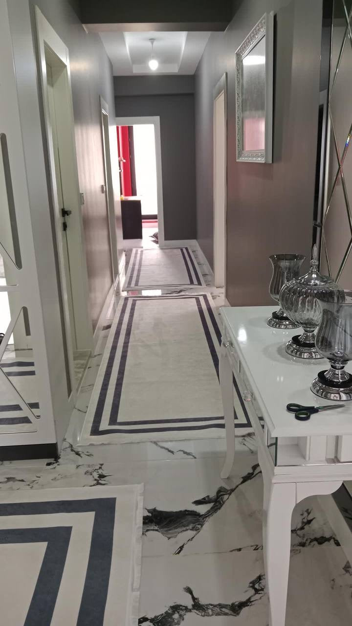 FRAME GRİ - Kaymaz Deri Taban Makinede Yıkanabilir Salon Oturma Odası Mutfak Halısı