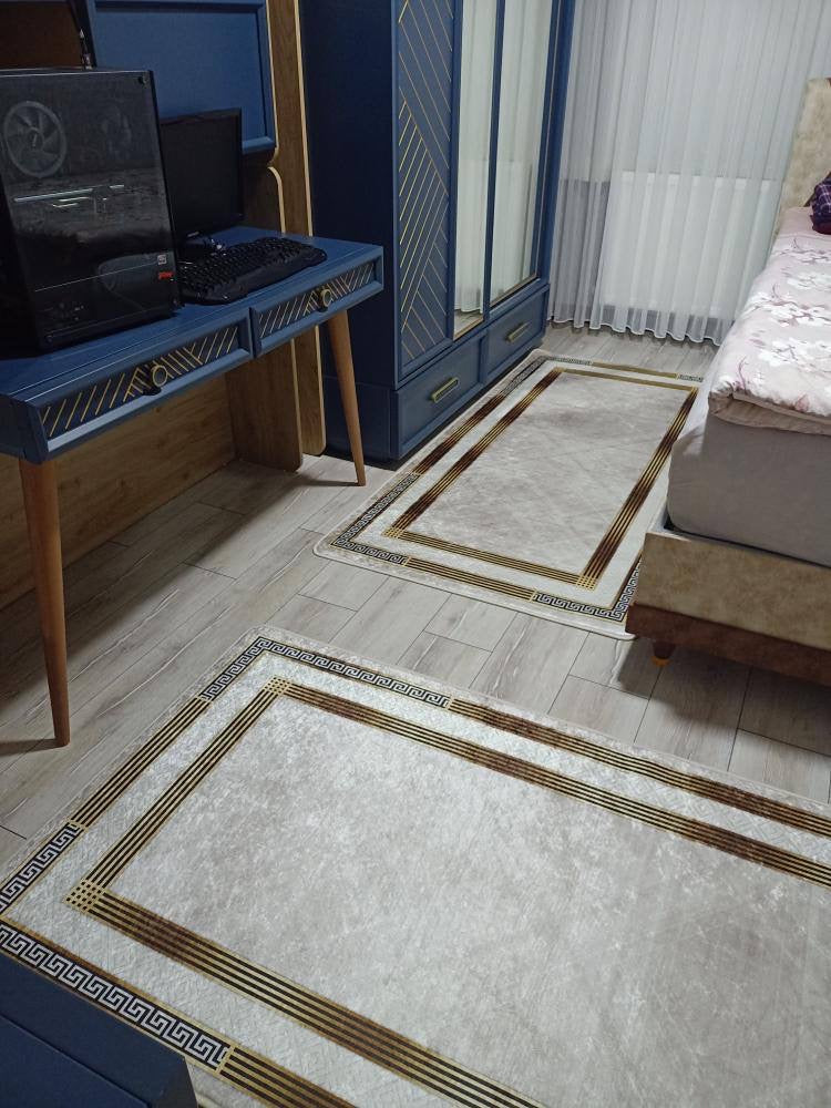 TAYLOR KREM - Kaymaz Deri Taban Makinede Yıkanabilir Salon Oturma Odası Mutfak Halısı