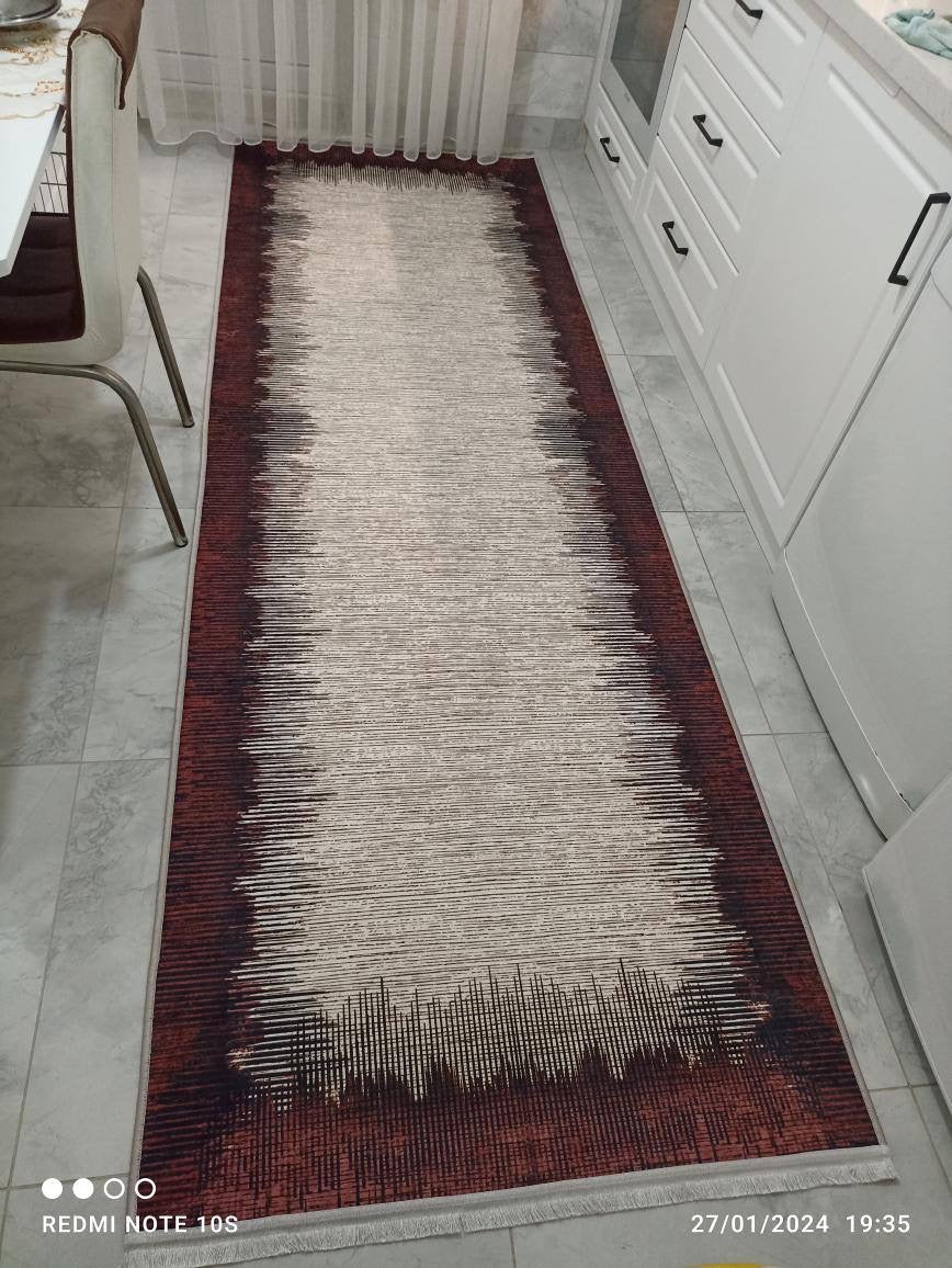 REMAR RED - Kaymaz Deri Taban Makinede Yıkanabilir Salon Oturma Odası Mutfak Halısı