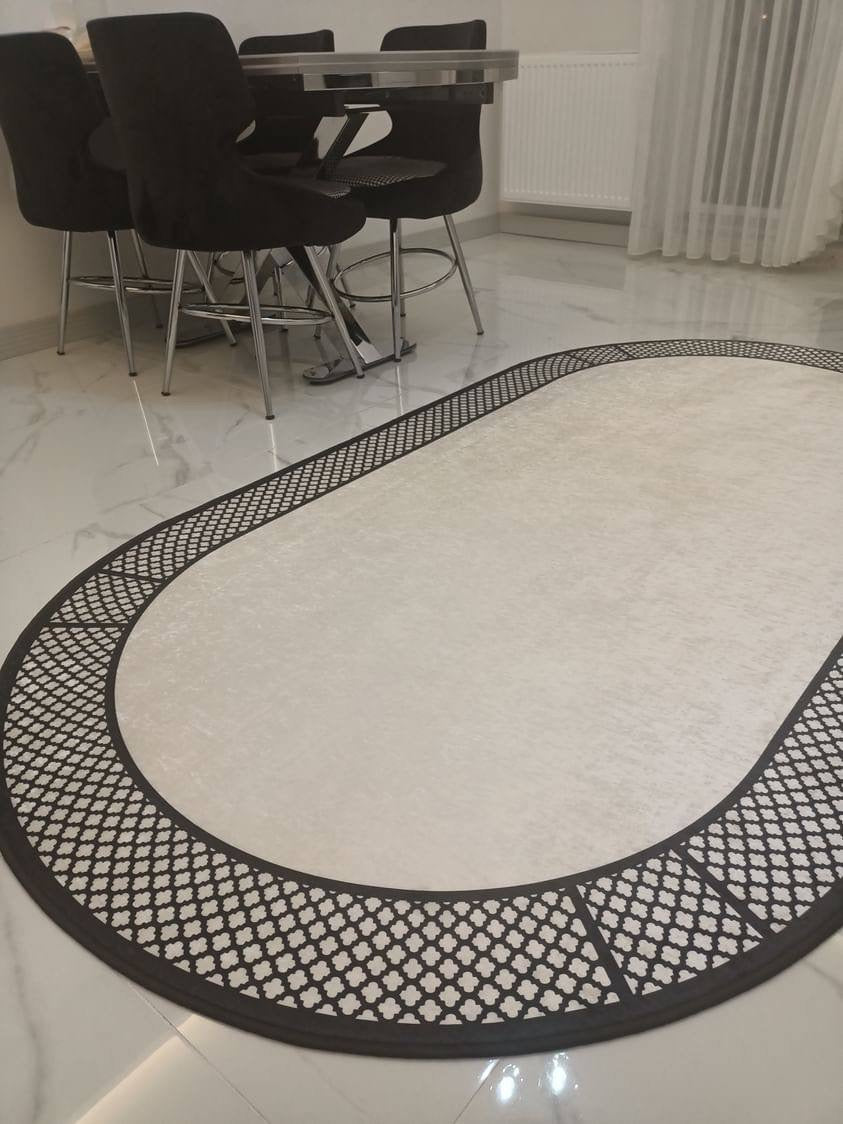 REDYA BEYAZ SİYAH - Kaymaz Deri Taban Makinede Yıkanabilir Salon Oturma Odası Mutfak Halısı