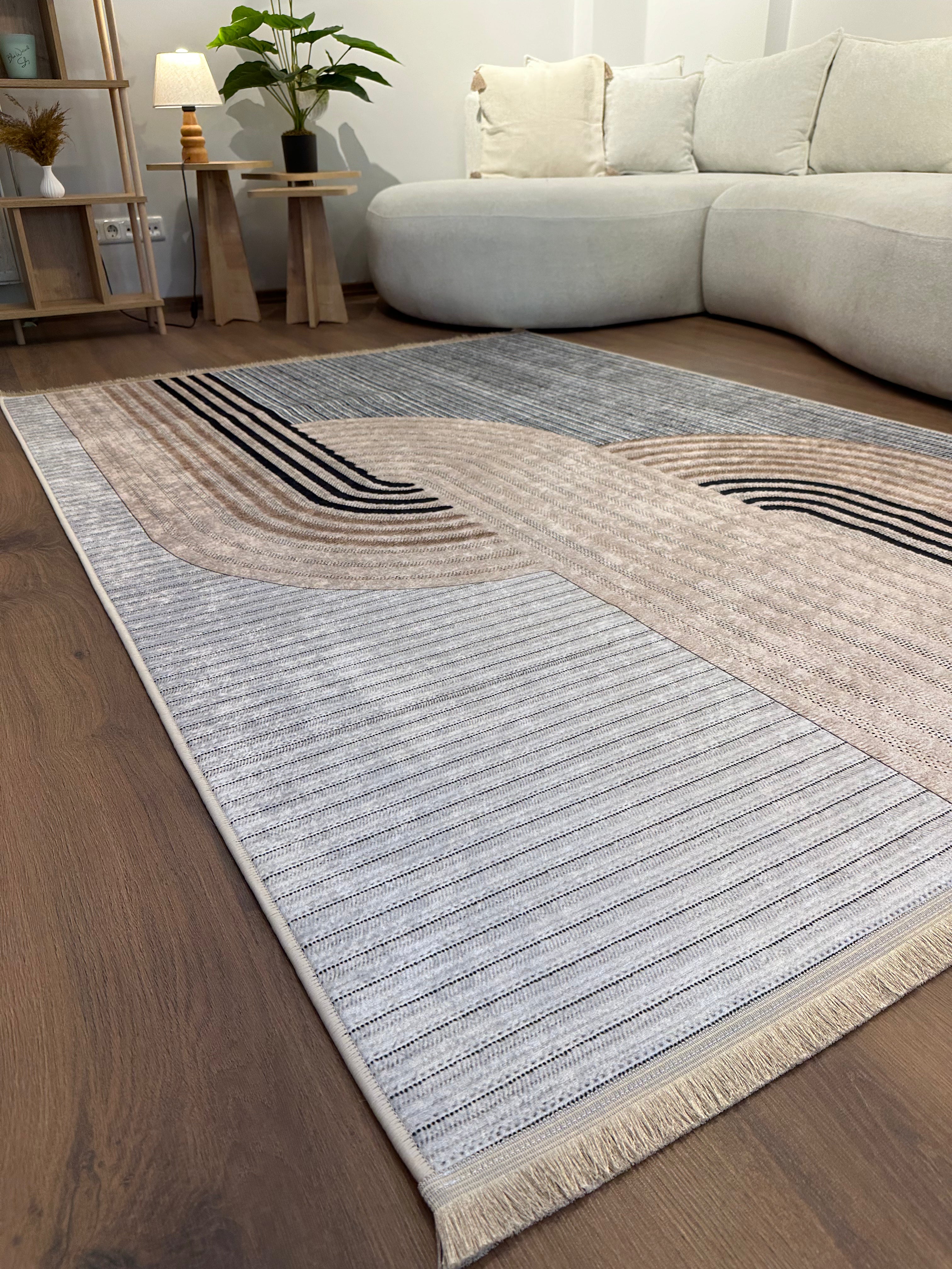 LUNA BEJ - Kaymaz Deri Taban Makinede Yıkanabilir Salon Oturma Odası Mutfak Halısı