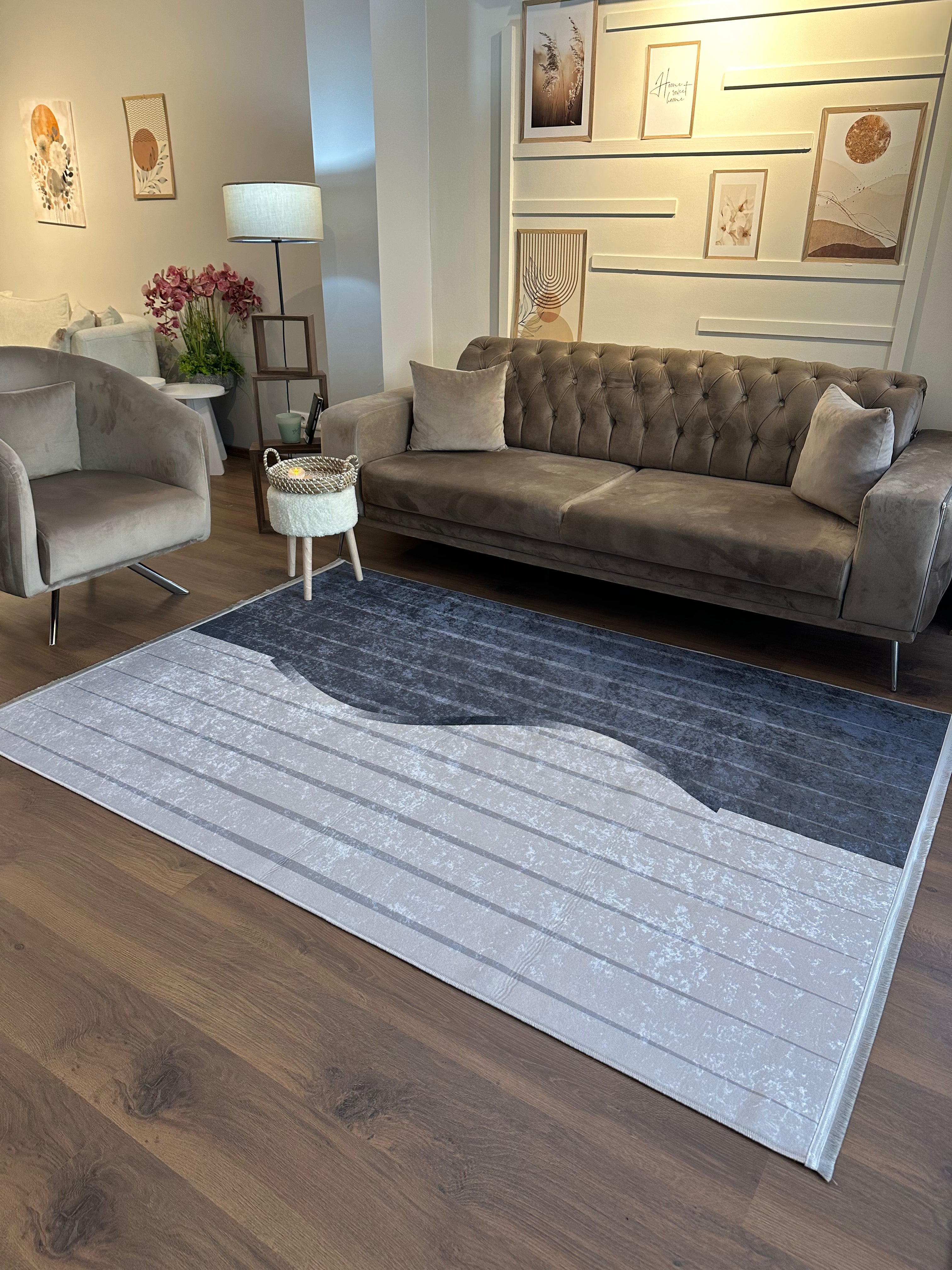 AURA GRİ - Kaymaz Deri Taban Makinede Yıkanabilir Salon Oturma Odası Mutfak Halısı