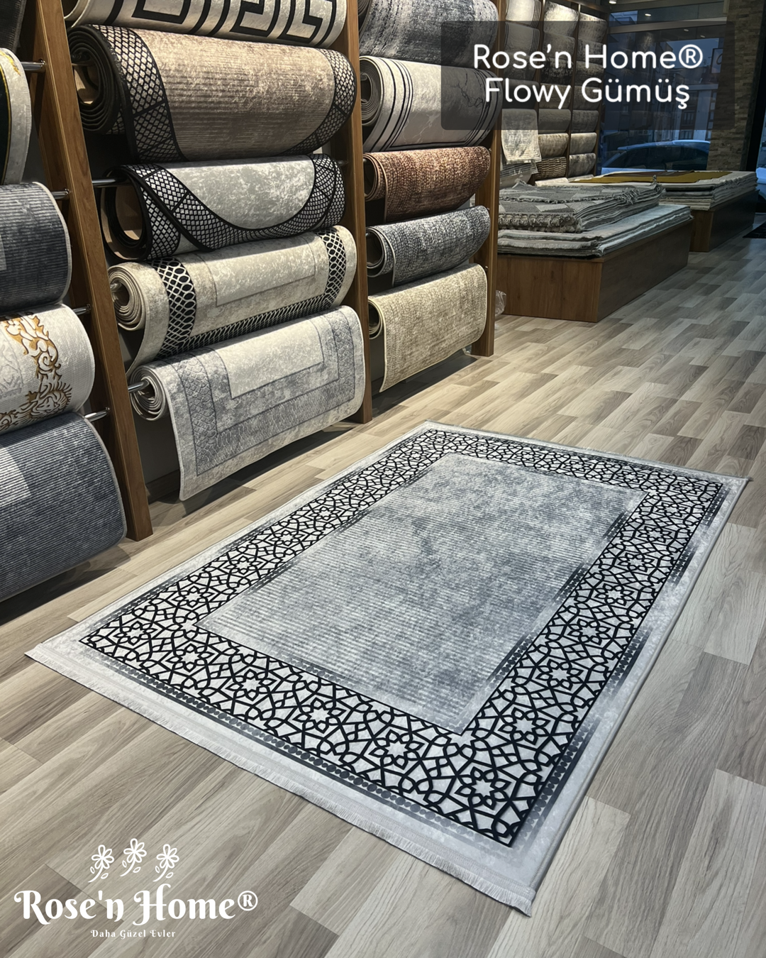 FLOWY GÜMÜŞ - Kaymaz Deri Taban Makinede Yıkanabilir Salon Oturma Odası Mutfak Halısı