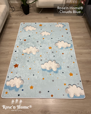 CLOUDS BLUE - Kaymaz Deri Taban Makinede Yıkanabilir Salon Oturma Odası Mutfak Halısı