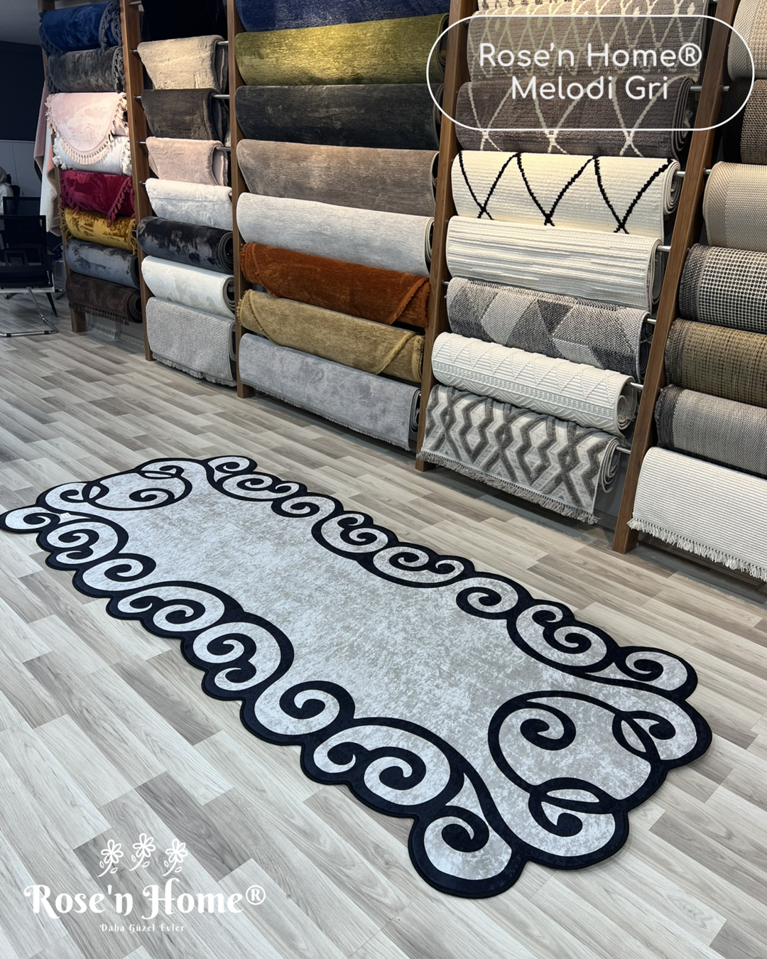 MELODİ GRİ - Kaymaz Deri Taban Makinede Yıkanabilir Salon Oturma Odası Mutfak Halısı
