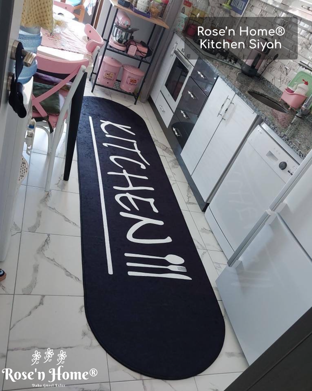 KİTCHEN SİYAH - Kaymaz Deri Taban Makinede Yıkanabilir Salon Oturma Odası Mutfak Halısı