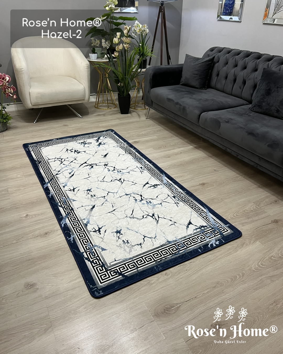HAZEL-2 - Kaymaz Deri Taban Makinede Yıkanabilir Salon Oturma Odası Mutfak Halısı
