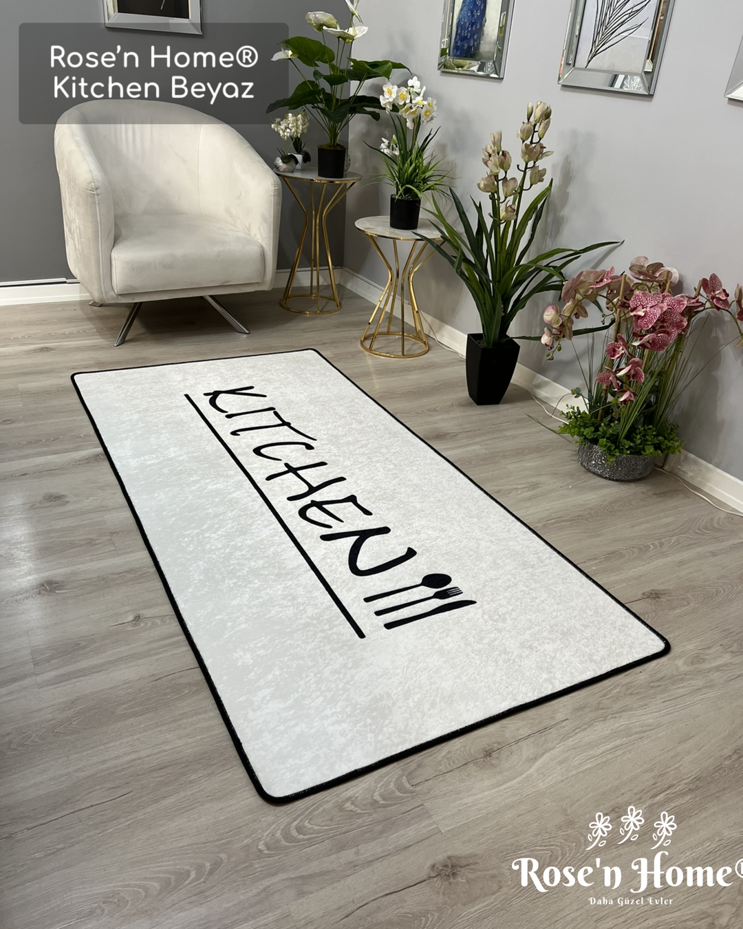 KİTCHEN BEYAZ - Kaymaz Deri Taban Makinede Yıkanabilir Salon Oturma Odası Mutfak Halısı