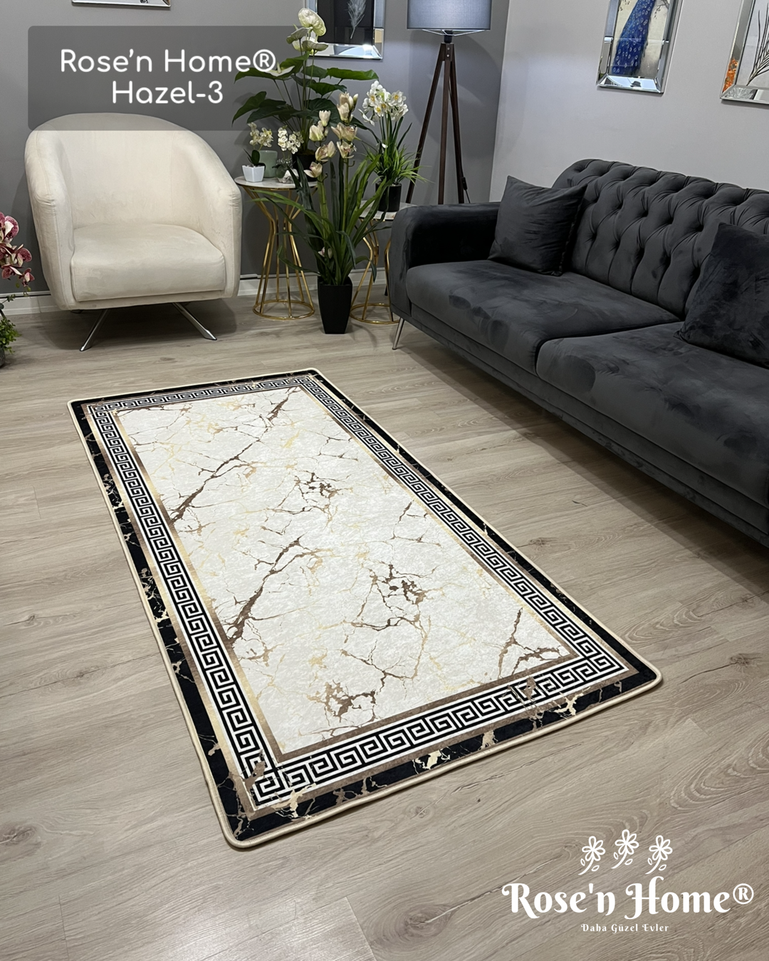 HAZEL-3 - Kaymaz Deri Taban Makinede Yıkanabilir Salon Oturma Odası Mutfak Halısı