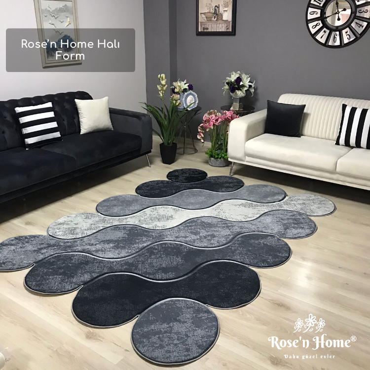 FORM GRİ - Kaymaz Deri Taban Makinede Yıkanabilir Salon Oturma Odası Mutfak Halısı