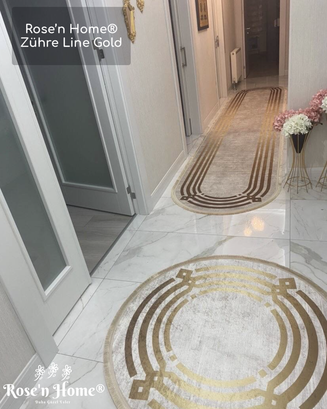 ZÜHRE LİNE GOLD - Kaymaz Deri Taban Makinede Yıkanabilir Salon Oturma Odası Mutfak Halısı