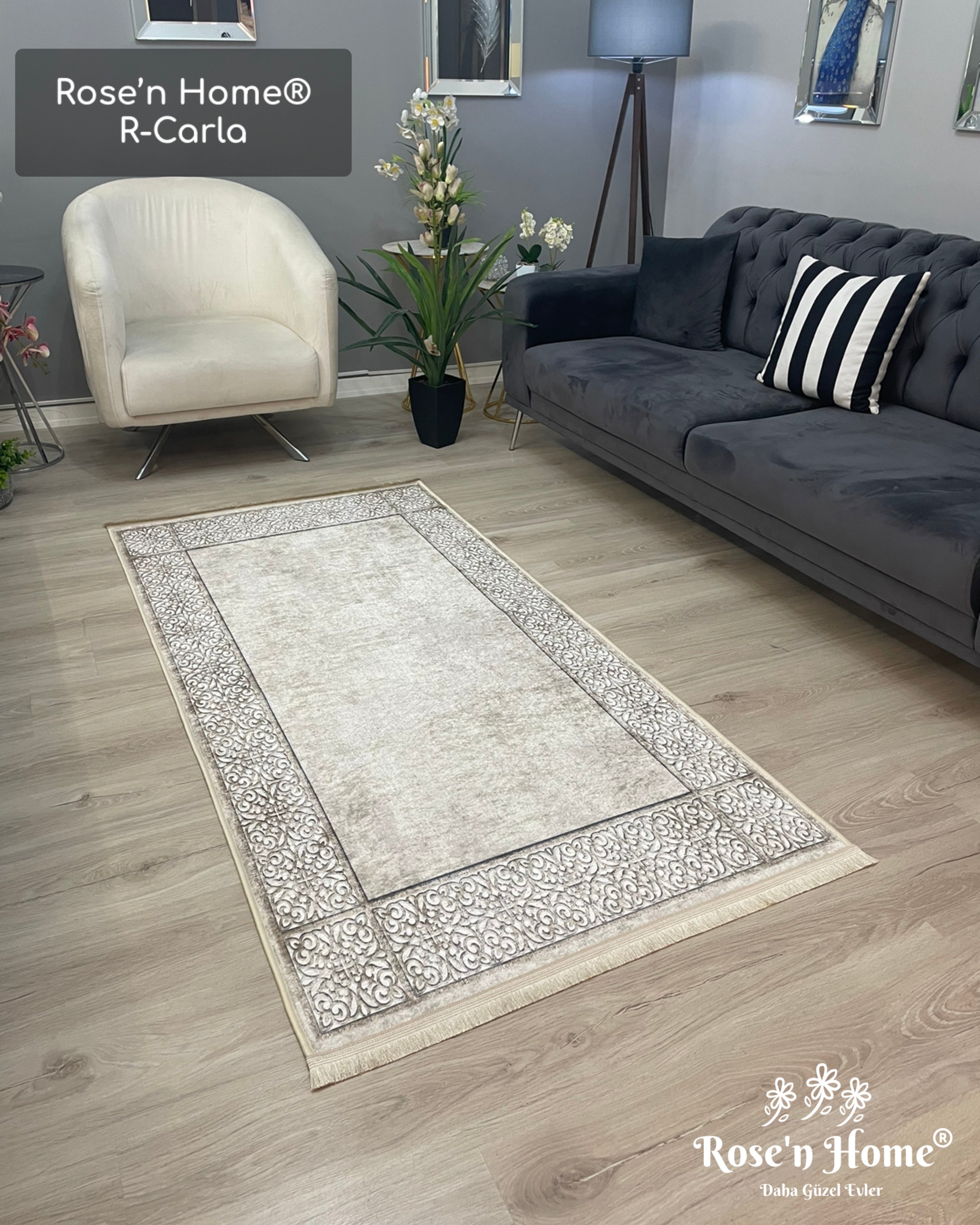 R-CARLA - Kaymaz Deri Taban Makinede Yıkanabilir Salon Oturma Odası Mutfak Halısı