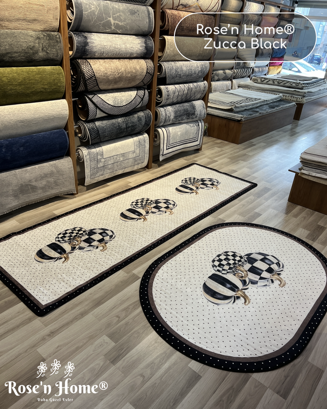 ZUCCA BLACK - Kaymaz Deri Taban Makinede Yıkanabilir Salon Oturma Odası Mutfak Halısı