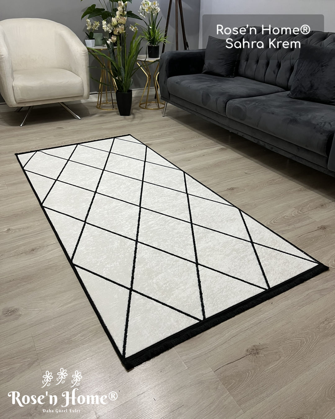SAHRA KREM - Kaymaz Deri Taban Makinede Yıkanabilir Salon Oturma Odası Mutfak Halısı