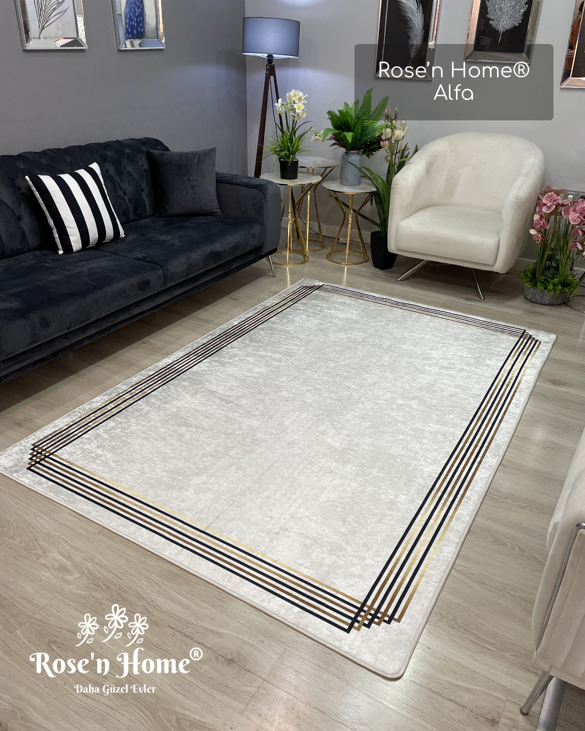 ALFA - Kaymaz Deri Taban Makinede Yıkanabilir Salon Oturma Odası Mutfak Halısı