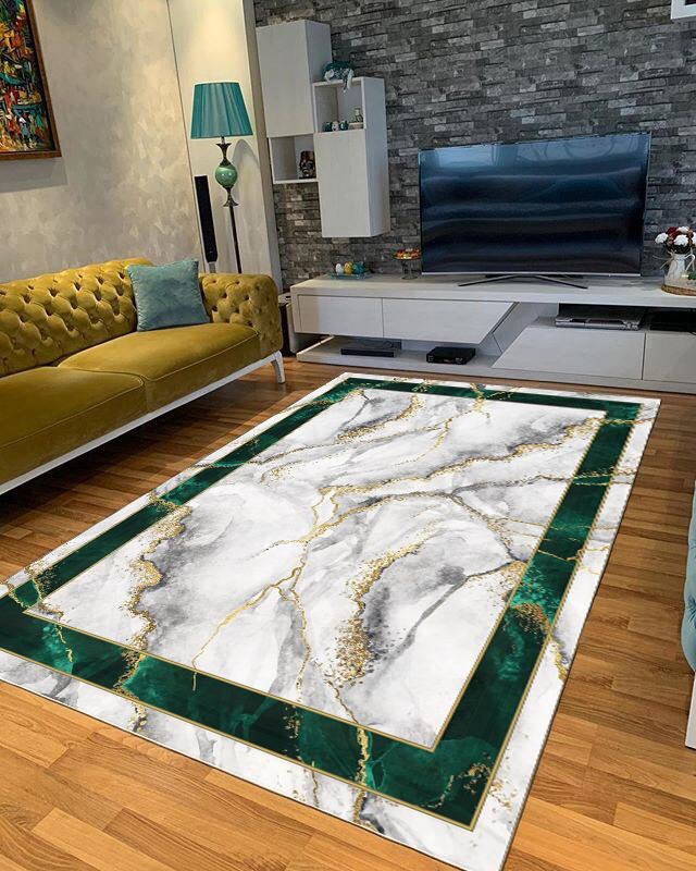 MARBLE NEW YEŞİL - Kaymaz Deri Taban Makinede Yıkanabilir Salon Oturma Odası Mutfak Halısı