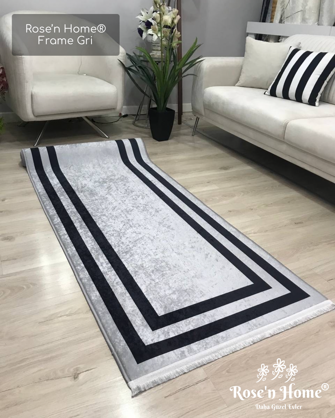 FRAME SİYAH GRİ - Kaymaz Deri Taban Makinede Yıkanabilir Salon Oturma Odası Mutfak Halısı