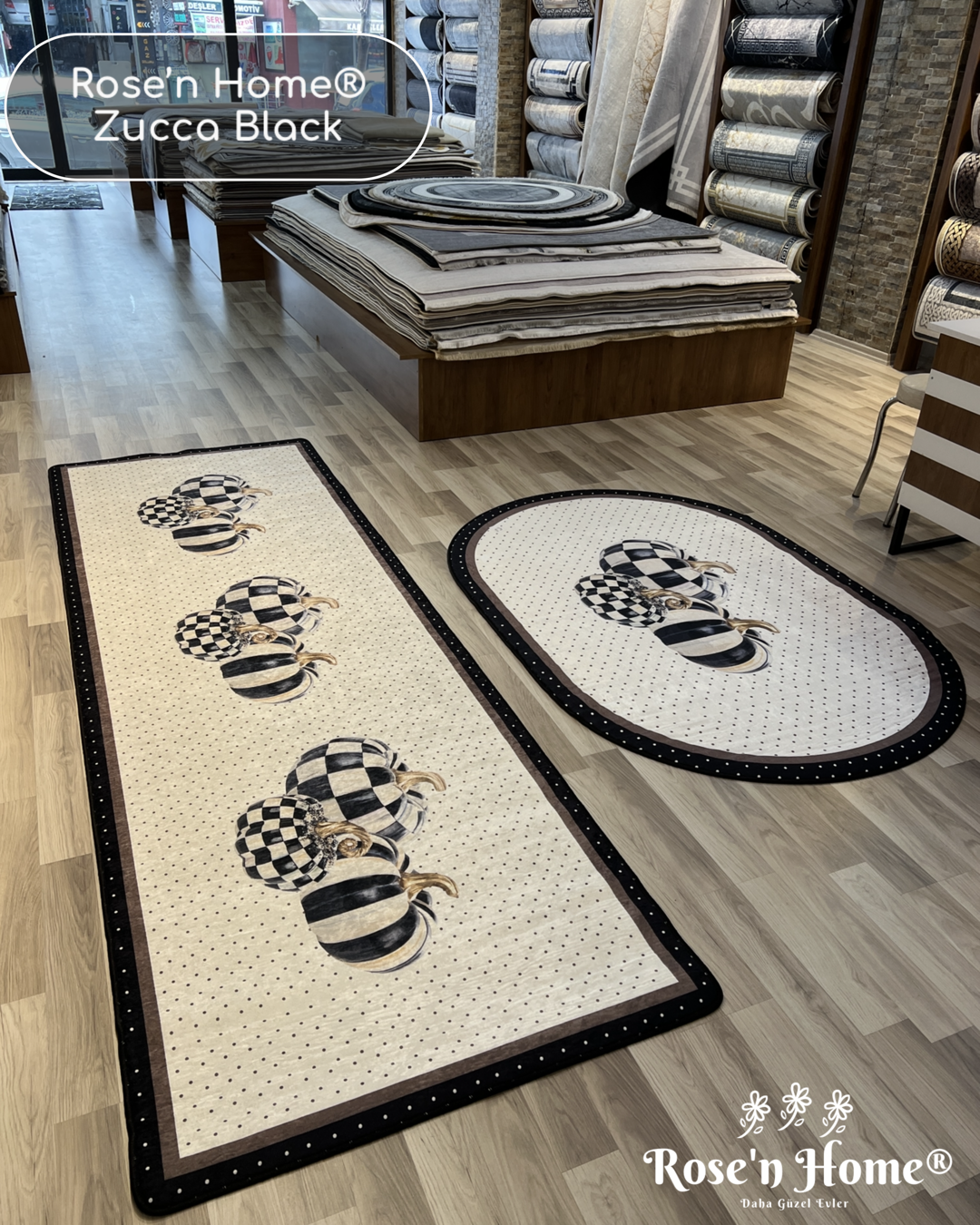 ZUCCA BLACK - Kaymaz Deri Taban Makinede Yıkanabilir Salon Oturma Odası Mutfak Halısı