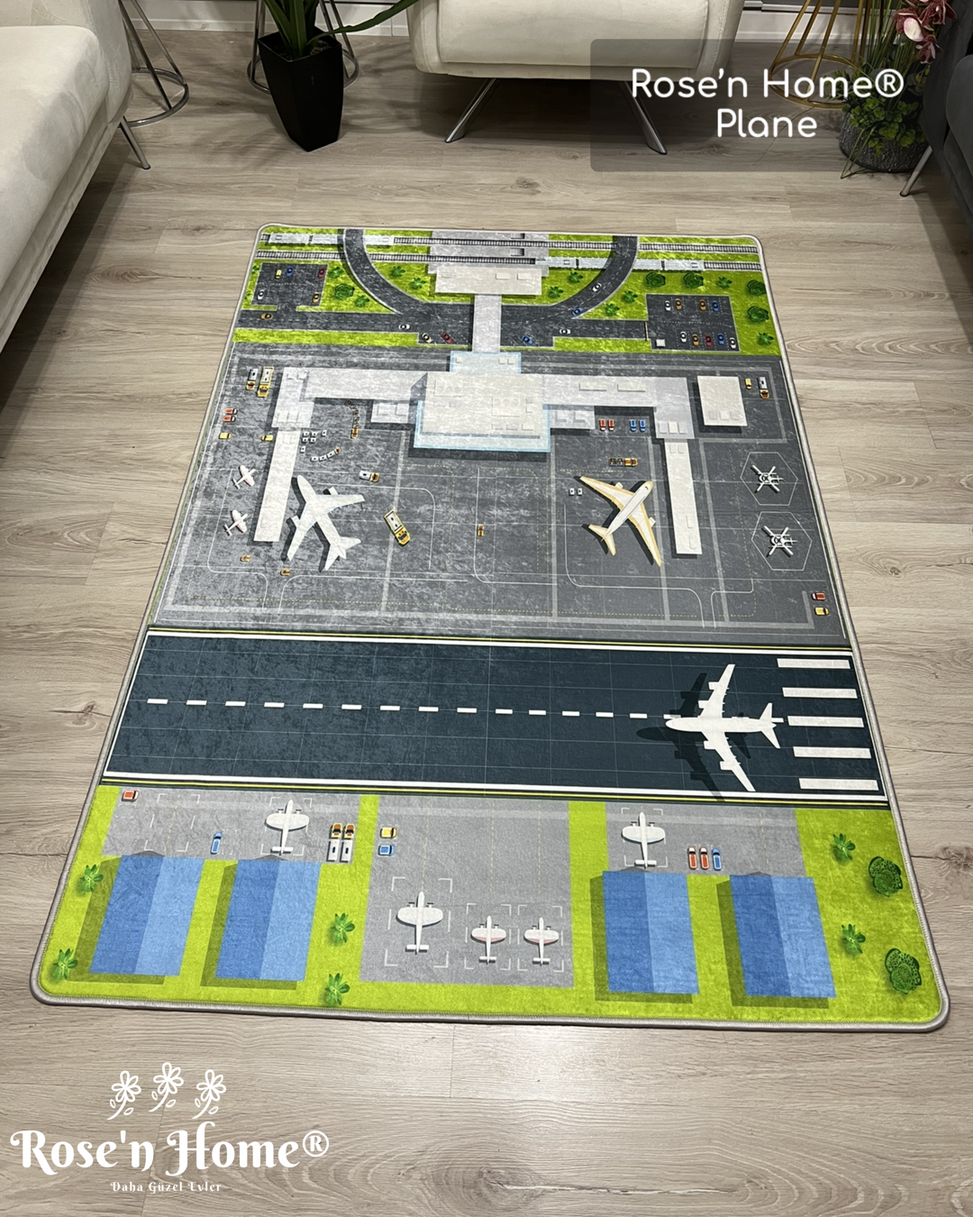 PLANE - Kaymaz Deri Taban Makinede Yıkanabilir Salon Oturma Odası Mutfak Halısı