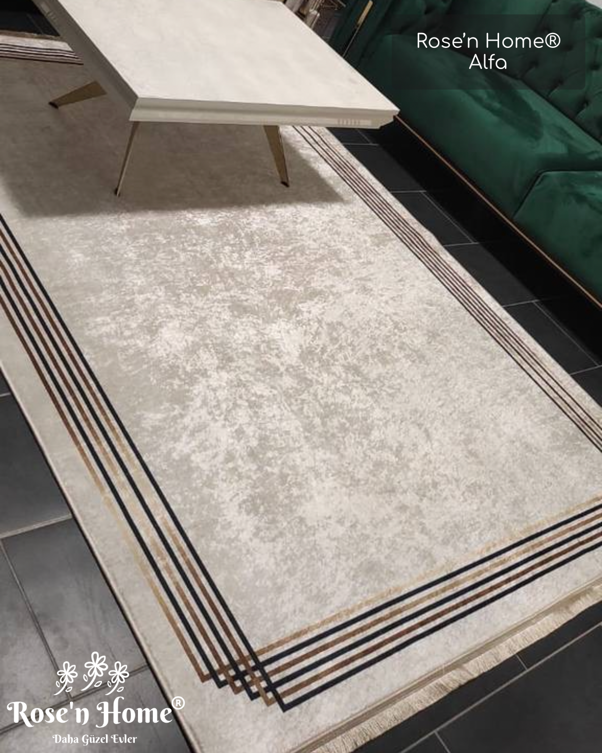 ALFA - Kaymaz Deri Taban Makinede Yıkanabilir Salon Oturma Odası Mutfak Halısı