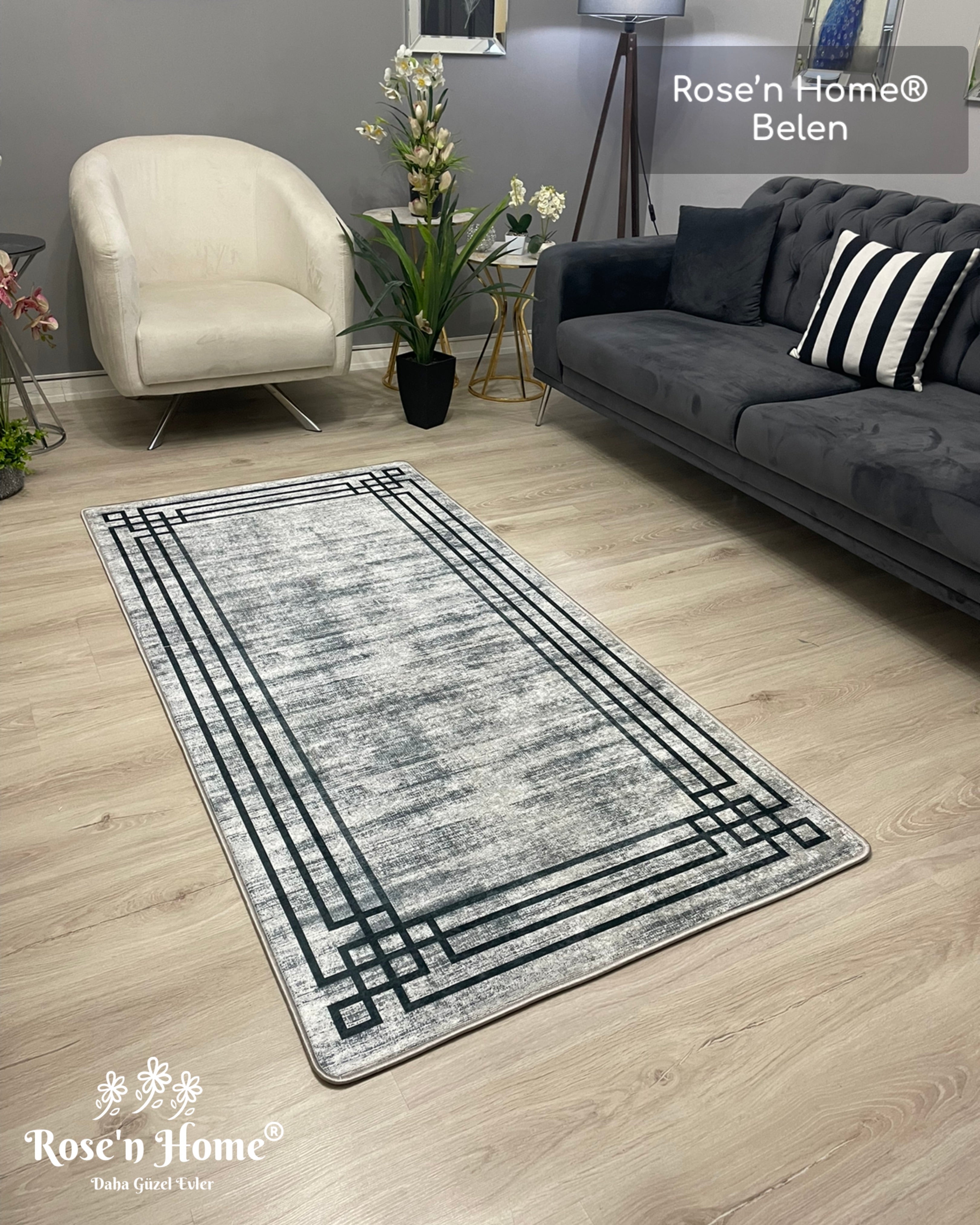 BELEN - Kaymaz Deri Taban Makinede Yıkanabilir Salon Oturma Odası Mutfak Halısı