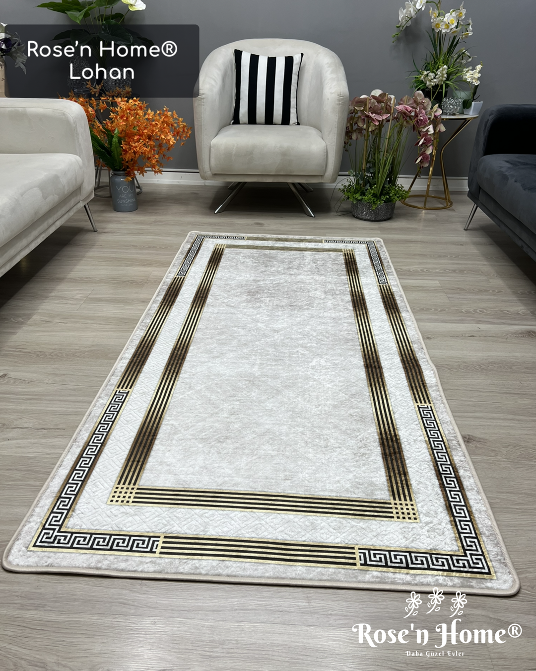TAYLOR KREM - Kaymaz Deri Taban Makinede Yıkanabilir Salon Oturma Odası Mutfak Halısı
