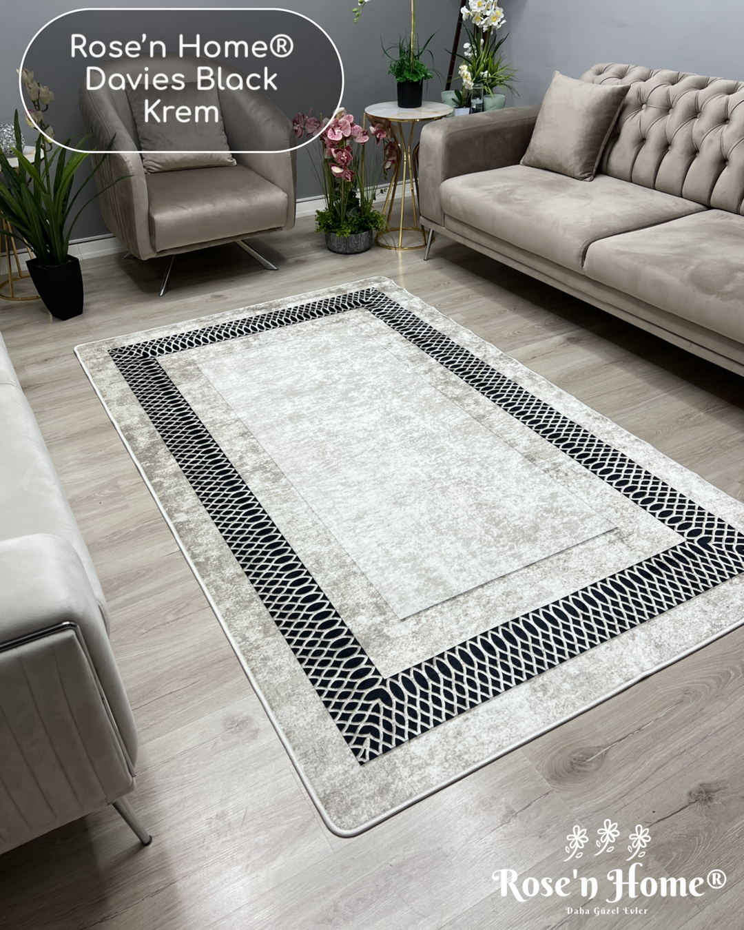 DAVİES BLACK KREM - Kaymaz Deri Taban Makinede Yıkanabilir Salon Oturma Odası Mutfak Halısı