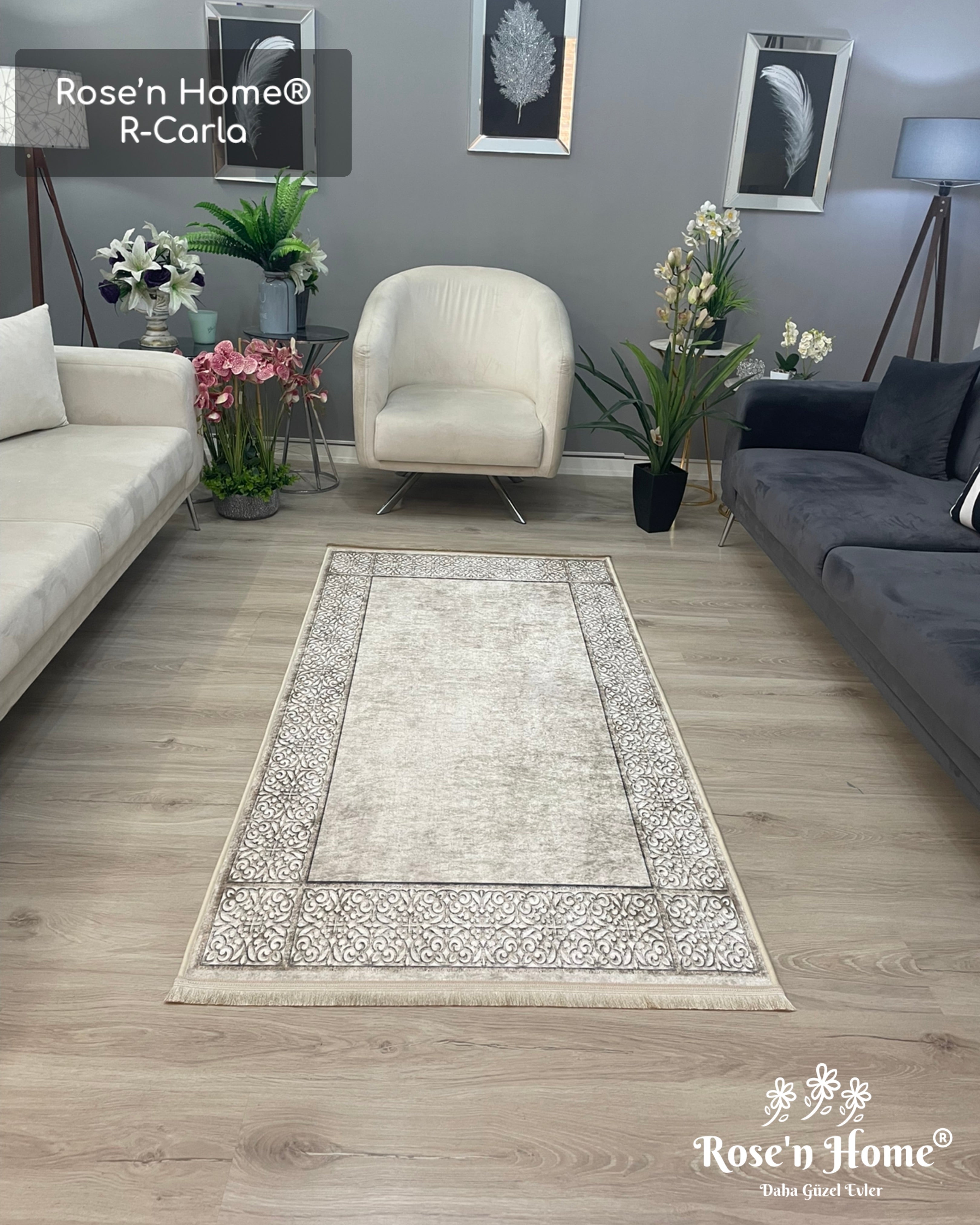 R-CARLA - Kaymaz Deri Taban Makinede Yıkanabilir Salon Oturma Odası Mutfak Halısı