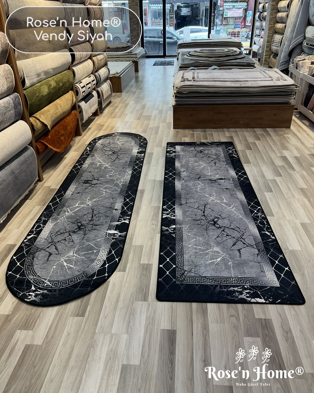 VENDY SİYAH - Kaymaz Deri Taban Makinede Yıkanabilir Salon Oturma Odası Mutfak Halısı