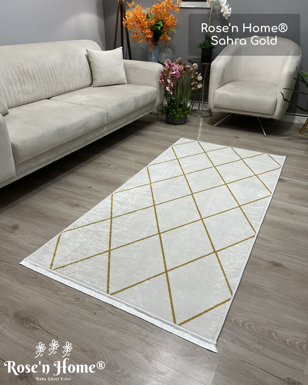 SAHRA GOLD - Kaymaz Deri Taban Makinede Yıkanabilir Salon Oturma Odası Mutfak Halısı