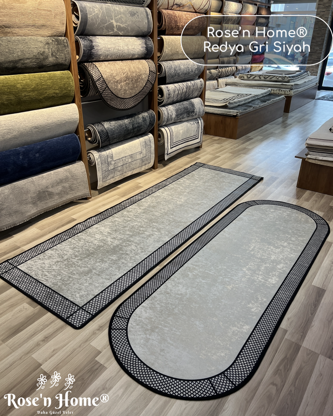 REDYA GRİ SİYAH - Kaymaz Deri Taban Makinede Yıkanabilir Salon Oturma Odası Mutfak Halısı