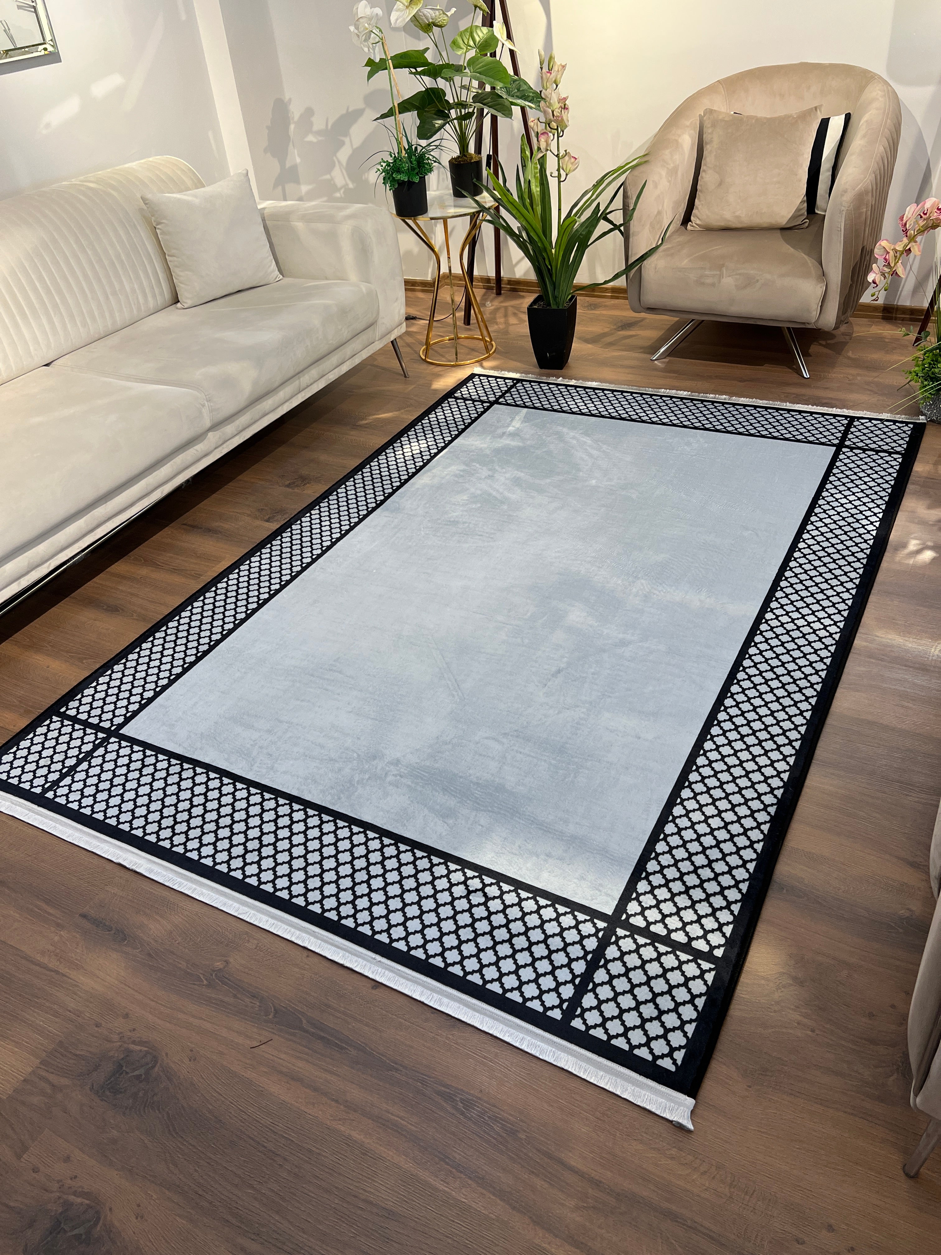 REDYA GRİ SİYAH - Kaymaz Deri Taban Makinede Yıkanabilir Salon Oturma Odası Mutfak Halısı