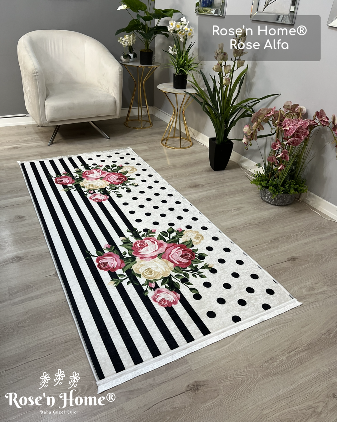 ROSE ALFA - Kaymaz Deri Taban Makinede Yıkanabilir Salon Oturma Odası Mutfak Halısı