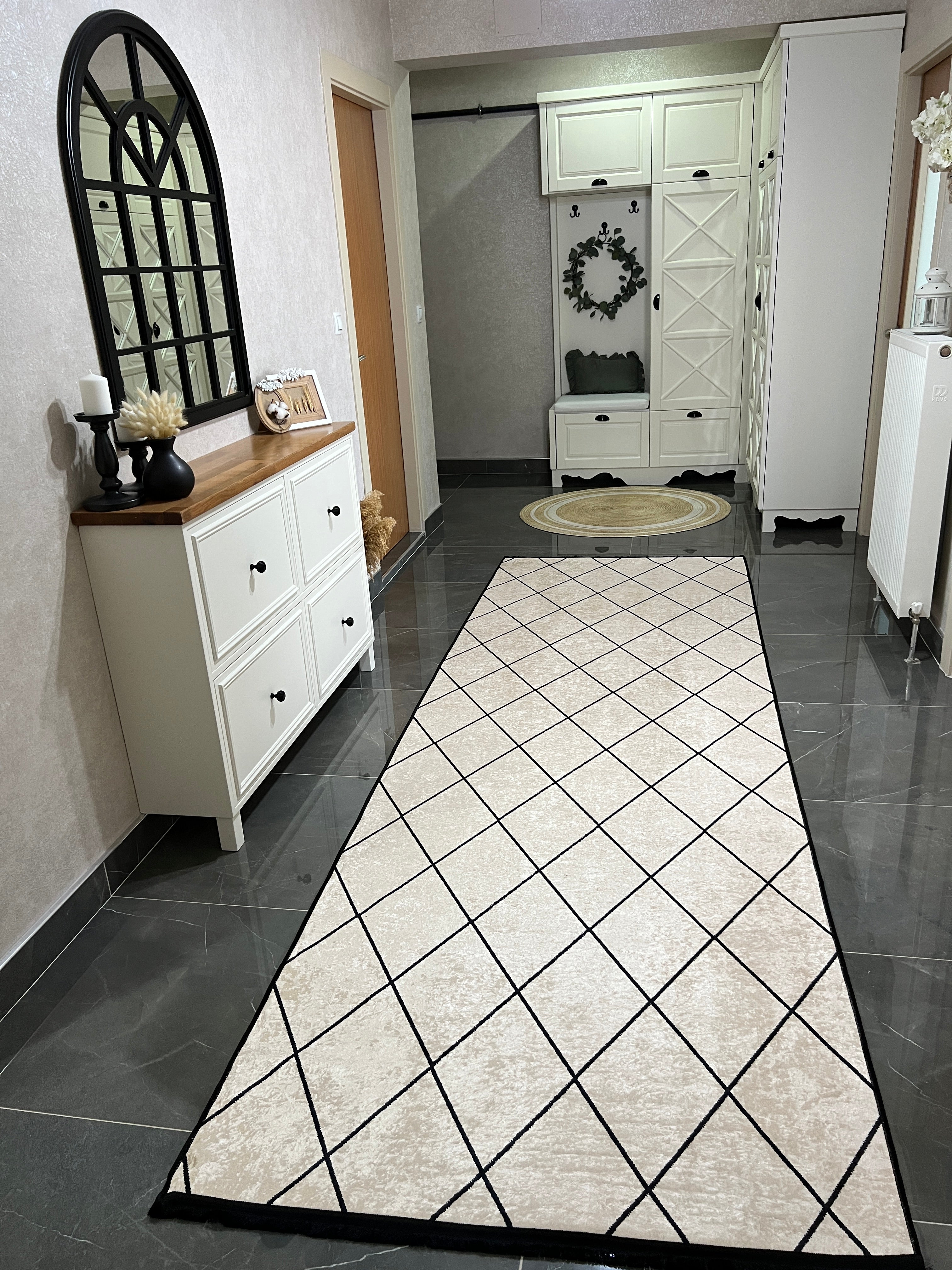 SAHRA KREM - Kaymaz Deri Taban Makinede Yıkanabilir Salon Oturma Odası Mutfak Halısı