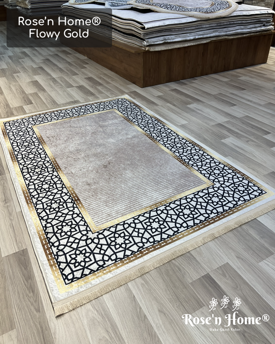FLOWY GOLD - Kaymaz Deri Taban Makinede Yıkanabilir Salon Oturma Odası Mutfak Halısı