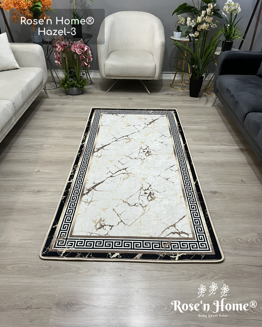 HAZEL-3 - Kaymaz Deri Taban Makinede Yıkanabilir Salon Oturma Odası Mutfak Halısı