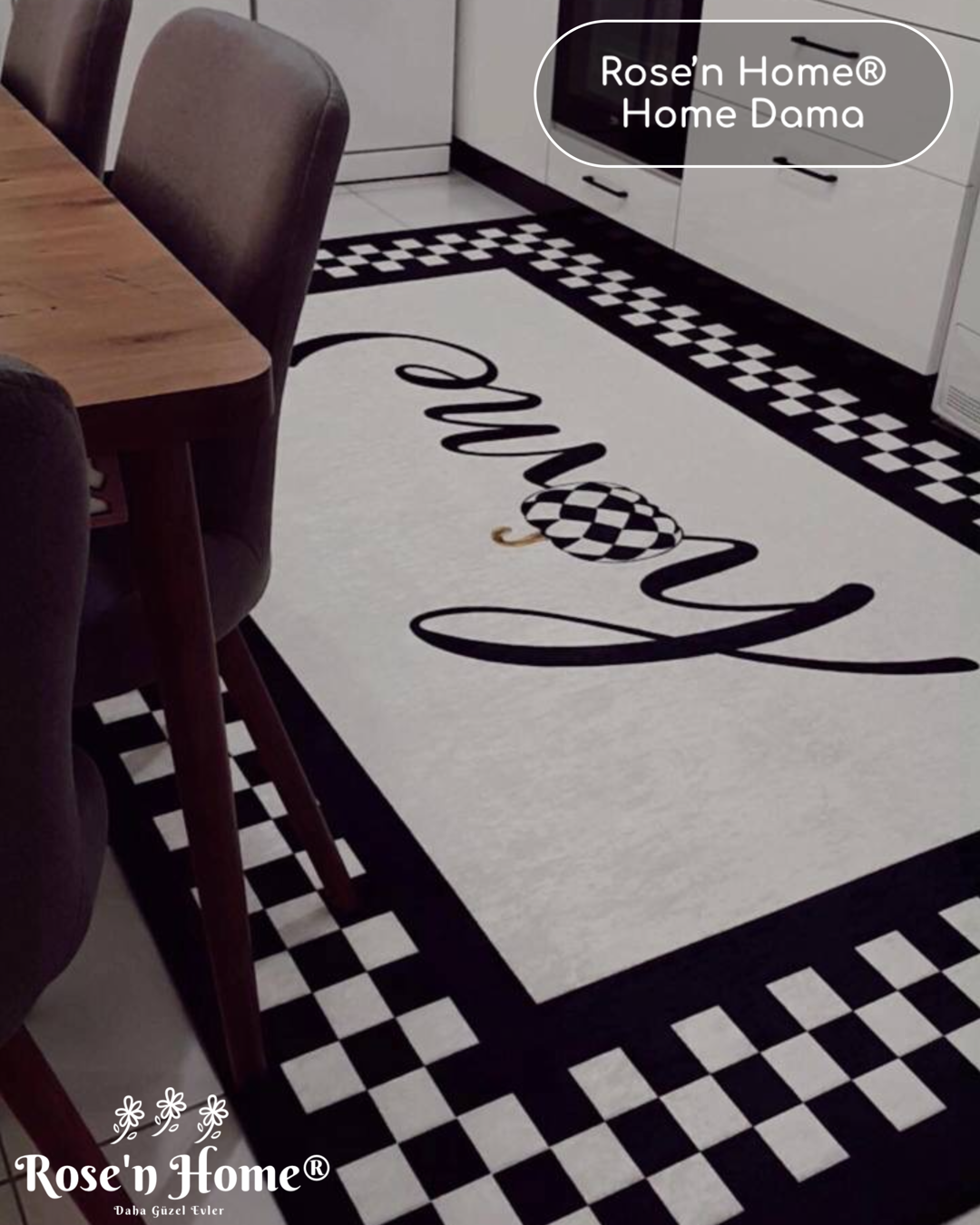 HOME DAMA - Kaymaz Deri Taban Makinede Yıkanabilir Salon Oturma Odası Mutfak Halısı
