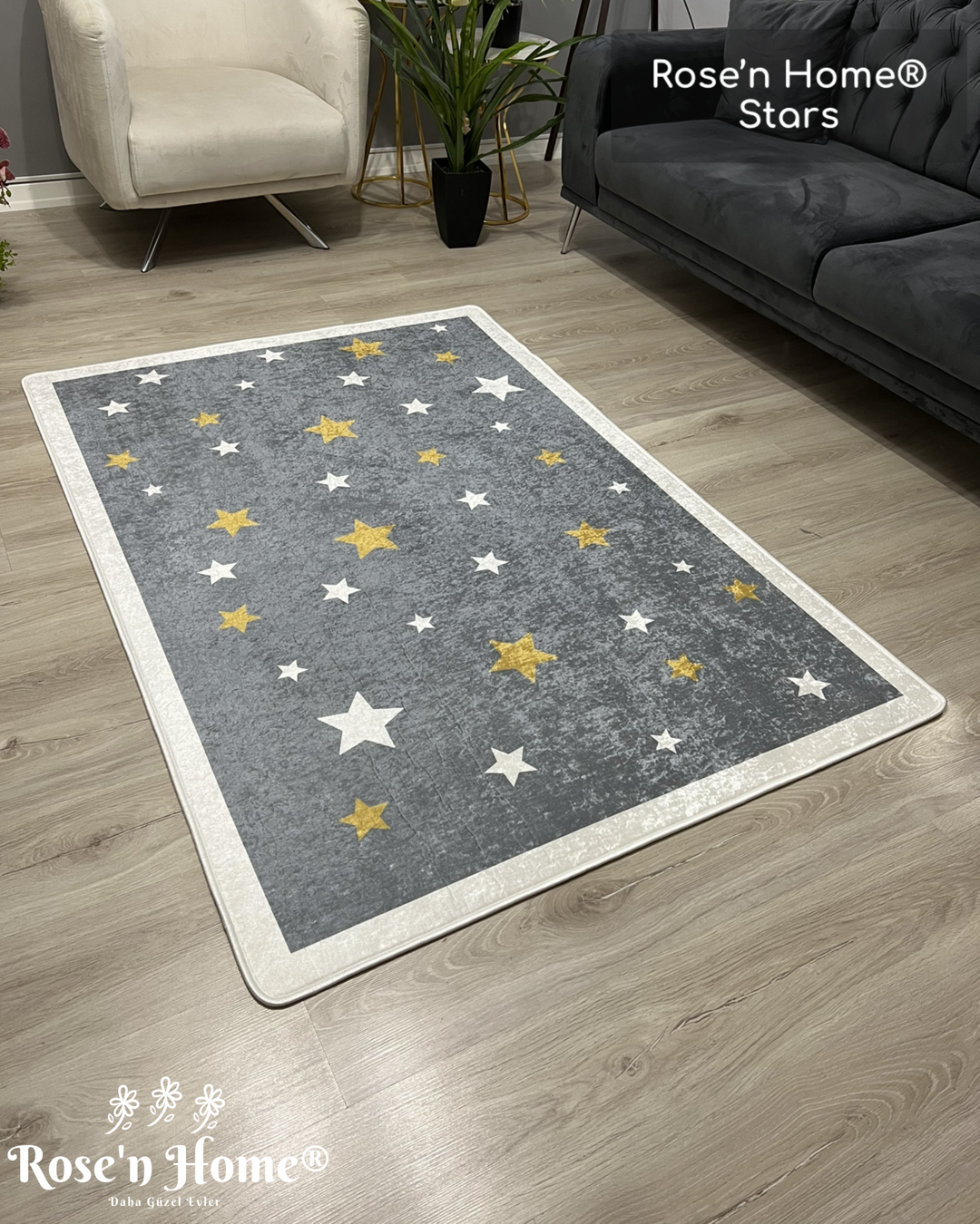 STARS - Kaymaz Deri Taban Makinede Yıkanabilir Salon Oturma Odası Mutfak Halısı
