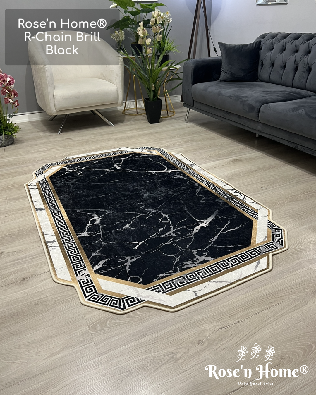 R-CHAİN BRİLL BLACK - Kaymaz Deri Taban Makinede Yıkanabilir Salon Oturma Odası Mutfak Halısı