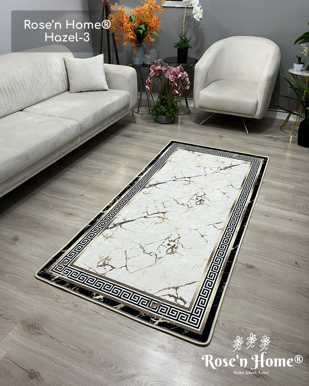 HAZEL-3 - Kaymaz Deri Taban Makinede Yıkanabilir Salon Oturma Odası Mutfak Halısı