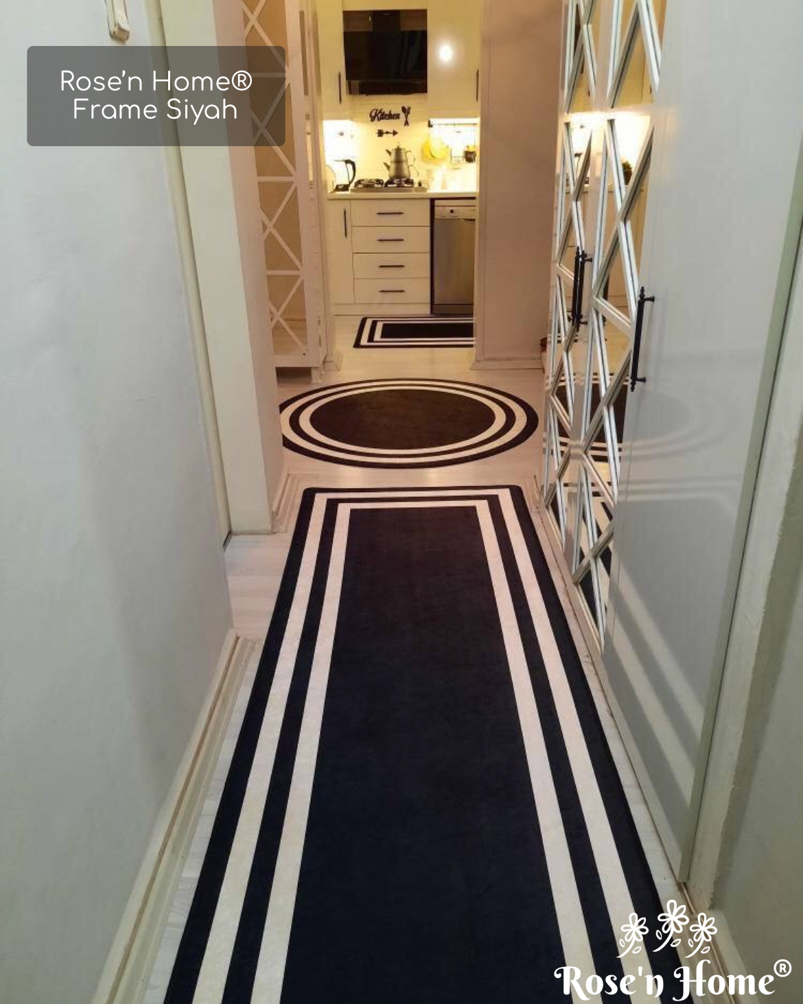 FRAME SİYAH - Kaymaz Deri Taban Makinede Yıkanabilir Salon Oturma Odası Mutfak Halısı
