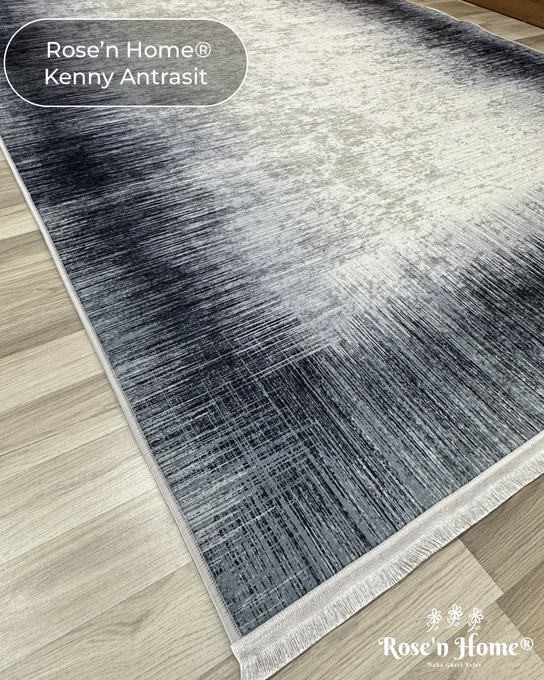 KENNY ANTRASİT - Kaymaz Deri Taban Makinede Yıkanabilir Salon Oturma Odası Mutfak Halısı