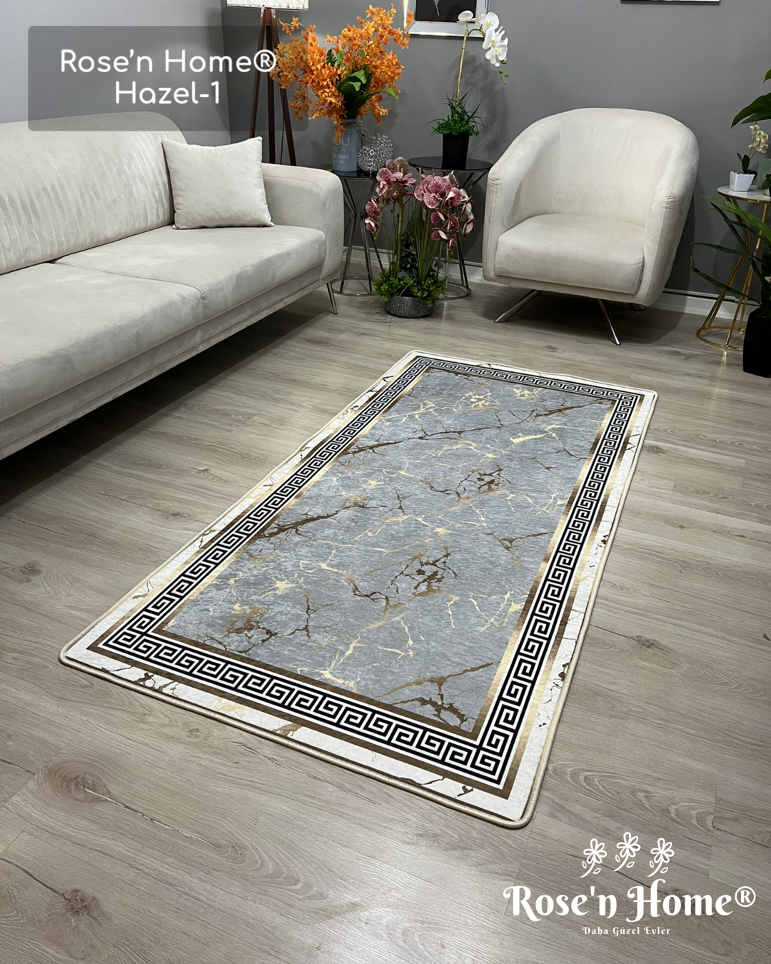 HAZEL-1 - Kaymaz Deri Taban Makinede Yıkanabilir Salon Oturma Odası Mutfak Halısı