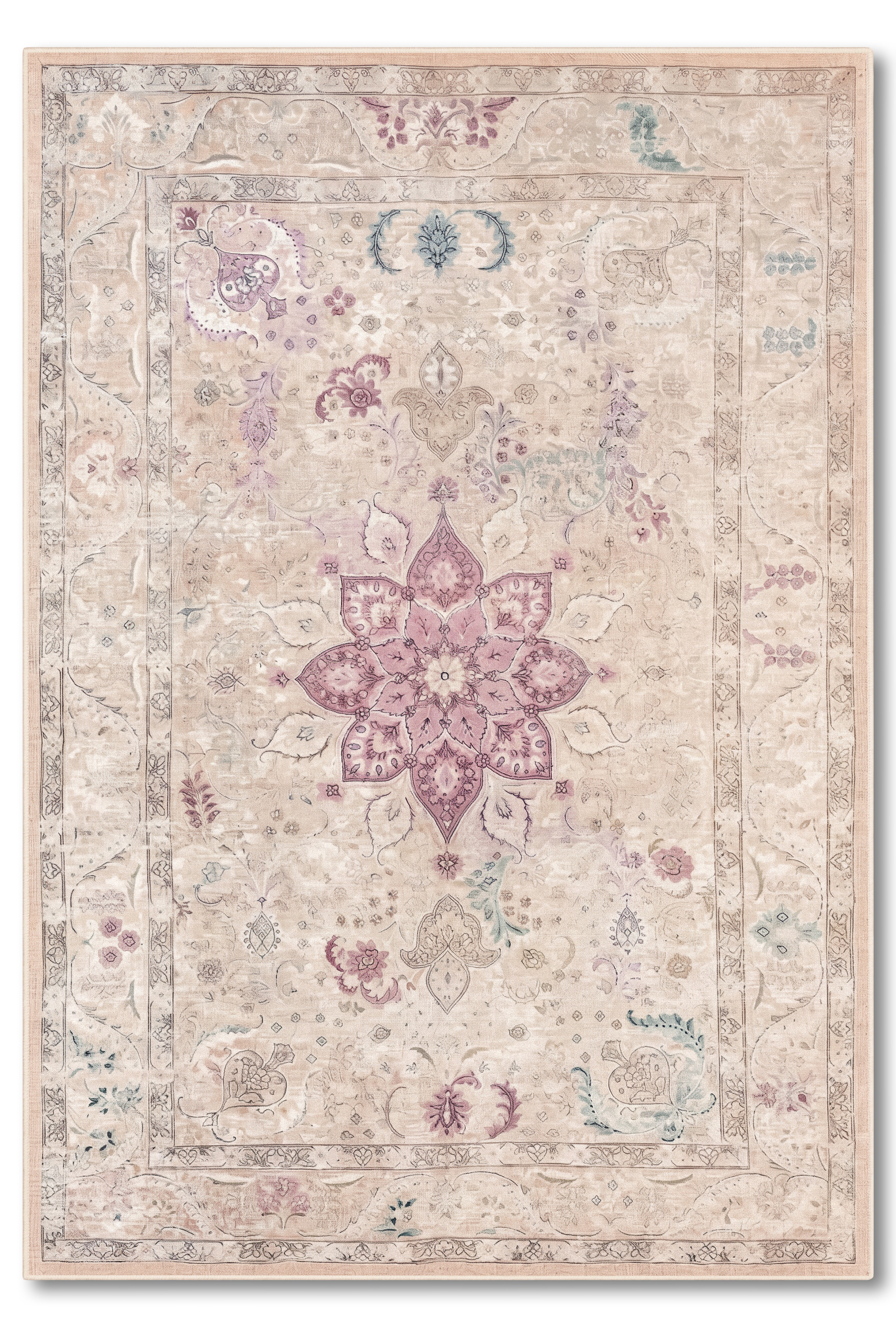 yıkanabilir kaymaz taban şönil dokuma halı 80x150 bej; gul-kurusu
