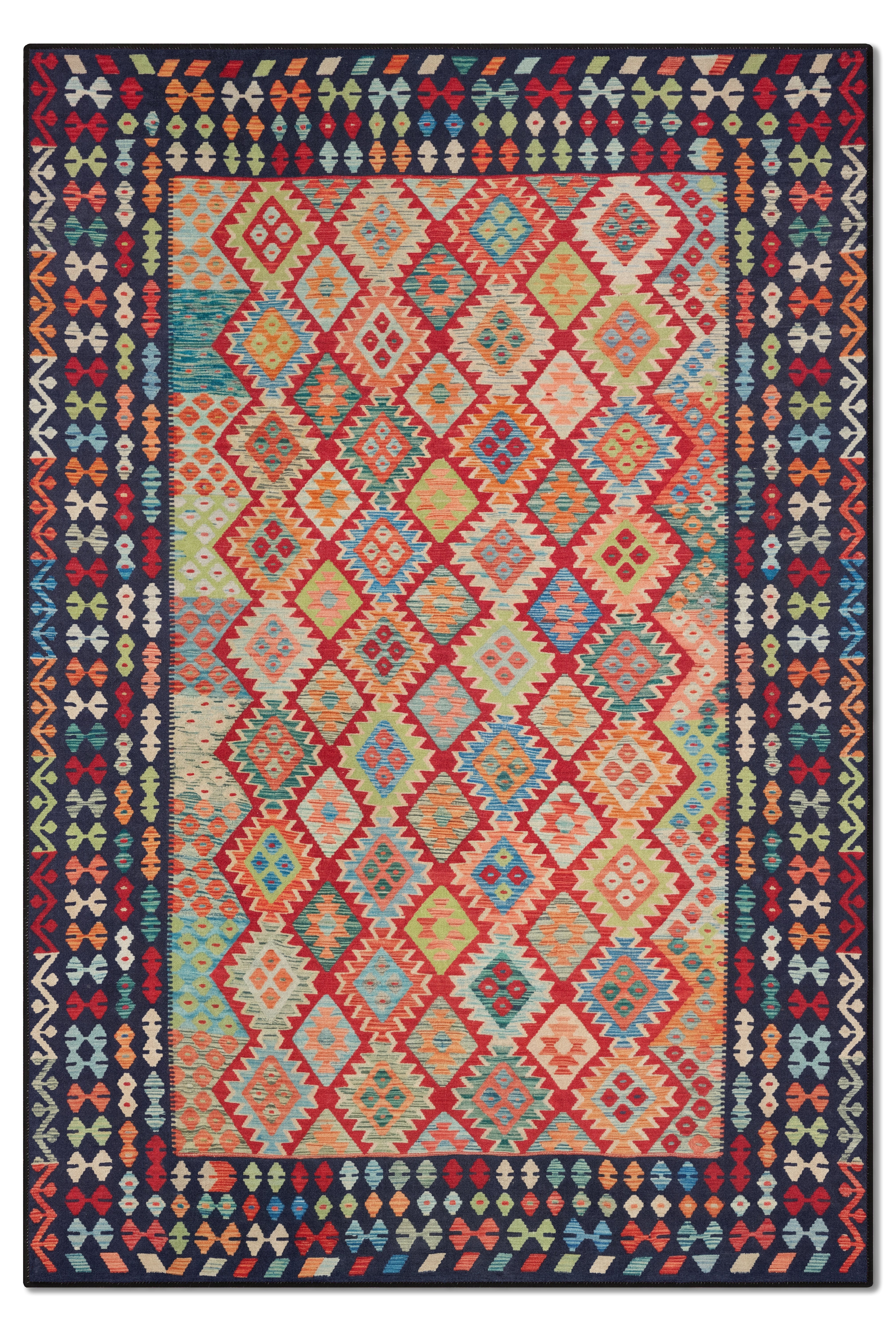 yıkanabilir kaymaz taban şönil dokuma halı 80x150 lacivert kırmızı renkli