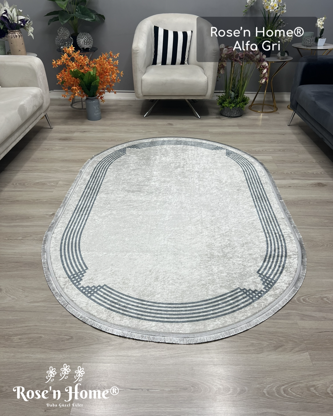 ALFA GRİ - Kaymaz Deri Taban Makinede Yıkanabilir Salon Oturma Odası Mutfak Halısı