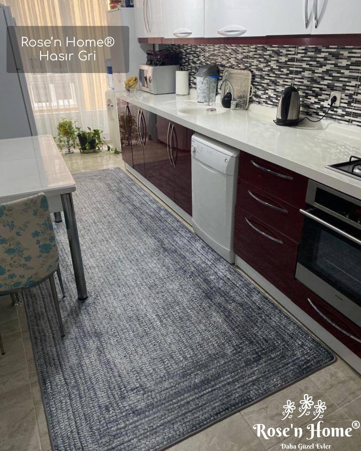 HASIR GRİ - Kaymaz Deri Taban Makinede Yıkanabilir Salon Oturma Odası Mutfak Halısı